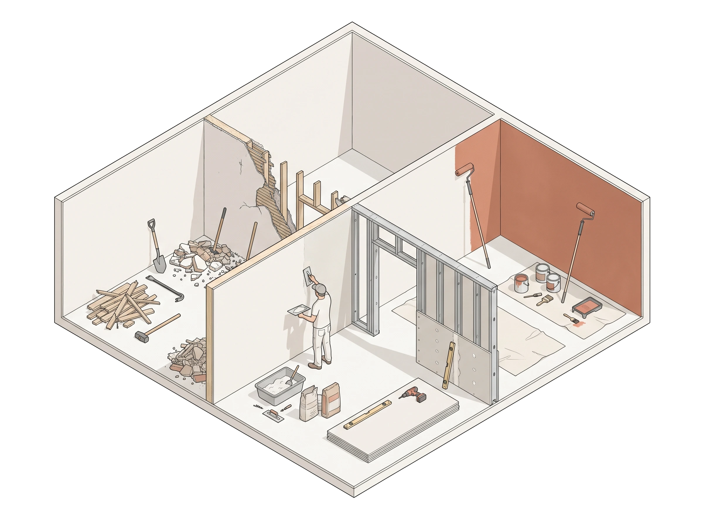 Illustration des quatre interventions intérieures : cloison en plaques, enduit, peinture et curage